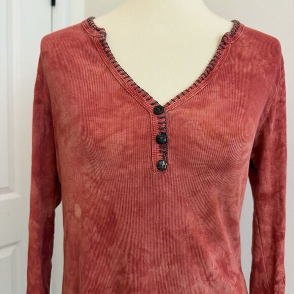 Me & Ko Red Tie Dye Henley Top Large Boho Ribbed Cotton USA Made Retro 60s - Picture 2 of 11